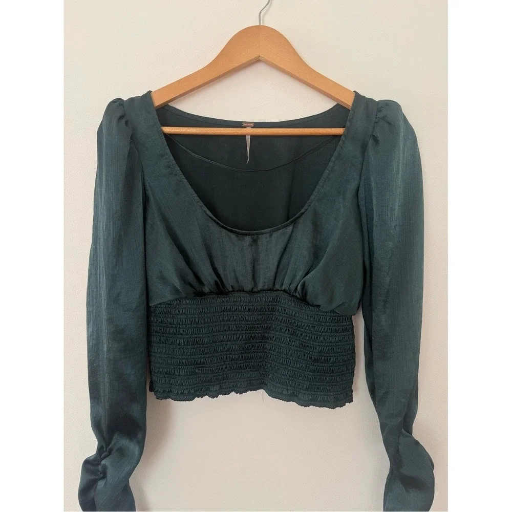 Free People Emerald Green Smocked Waist Crop Top Long Sleeve Button Cuff Small